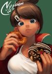  1girl asahina_aoi blue_eyes breasts brown_hair commentary_request dangan_ronpa dangan_ronpa_1 dark_skin doughnut eyebrows_visible_through_hair face food from_below green_background hair_ornament hairclip holding holding_food jacket large_breasts looking_at_viewer nyuukazai open_clothes open_jacket red_jacket shirt short_hair signature simple_background solo white_shirt 