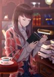  1girl blue_skirt blurry blurry_background blurry_foreground book book_stack bookshelf brown_hair closed_eyes closed_mouth commentary_request cup day depth_of_field drawer eyelashes hands_up highres holding holding_book indoors light_particles long_hair long_sleeves open_book original plaid pleated_skirt ribbed_sweater saitou_(lynx-shrike) saucer shirt_tucked_in sitting skirt solo spoon sweater table tea teacup turtleneck turtleneck_sweater 