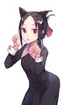  1girl :o animal_ears bangs black_dress black_hair blush cat_ears collared_dress commentary_request dress folded_ponytail forehead hair_ribbon hands_up highres kaguya-sama_wa_kokurasetai_~tensai-tachi_no_renai_zunousen~ kemonomimi_mode long_sleeves looking_at_viewer neck_ribbon newey parted_bangs parted_lips paw_pose red_ribbon ribbon shinomiya_kaguya sidelocks simple_background solo white_background 