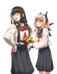  2girls absurdres armband black_hair closed_eyes eyebrows_visible_through_hair girls_frontline headgear highres long_sleeves looking_at_another m16a1_(girls_frontline) m4_sopmod_ii_(girls_frontline) multicolored_hair multiple_girls neckerchief open_mouth pout red_eyes red_neckwear ro635_(girls_frontline) school_uniform sd_bigpie serafuku shirt simple_background skirt streaked_hair twintails white_background white_hair white_shirt 