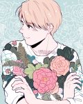  1boy aqua_background artist_name blonde_hair character_request crossed_arms eyebrows_visible_through_hair floral_background flower highres leaf looking_to_the_side male_focus meyoco pink_flower profile short_hair smile solo sparkle white_flower yuri!!!_on_ice 