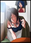  1girl 3: absurdres black_border blue_eyes border brown_hair buchou_(kakitama) commentary_request glasses highres holding holding_eyewear kakitama original otaku print_shirt shirt solo strap_slip t-shirt tank_top under_covers waking_up 