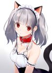  1girl :o absurdres animal_ear_fluff animal_ears bangs bare_shoulders black_dress breasts cat_ears cat_girl cat_tail cleavage collarbone commentary_request dress eyebrows_visible_through_hair gradient gradient_background grey_background grey_hair highres long_hair maid_headdress original parted_lips red_eyes shirt sidelocks slit_pupils small_breasts solo strapless strapless_dress tail tail_raised twintails urata_asao white_background white_shirt 