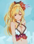  &gt;:) 1girl 3four arm_at_side bare_arms bare_shoulders black_bow blonde_hair blue_background bow breasts cleavage closed_mouth criss-cross_halter eyebrows_visible_through_hair female flower granblue_fantasy hair_between_eyes hair_bow hair_flower hair_ornament halterneck hibiscus large_breasts long_hair looking_at_viewer midriff navel neck ponytail red_eyes red_flower sidelocks smile solo upper_body vira 