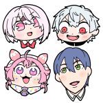  2boys 2girls :d ahoge antennae ascot bangs bkub blue_hair blush blush_stickers bow bowtie cabbie_hat chin commentary constricted_pupils diamond-shaped_pupils dot_nose earrings eyebrows_visible_through_hair eyelashes facial_mark fangs hair_between_eyes hair_ornament hairclip hat highres jewelry kenmochi_touya kuzuha_(nijisanji) multiple_boys multiple_girls nijisanji no_nose open_mouth pink_eyes pink_hair pink_hat pointy_ears portrait red_bow red_eyes red_neckwear shiina_yuika short_hair simple_background smile symbol-shaped_pupils two_side_up ushimi_ichigo v-shaped_eyebrows violet_eyes virtual_youtuber white_background white_hair wing_collar 