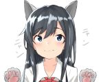  1girl animal_ears asashio_(kantai_collection) black_hair blue_eyes cat_ears commentary_request disconnected_mouth dress_shirt gloves kantai_collection long_hair neck_ribbon paw_gloves paws red_ribbon remodel_(kantai_collection) ribbon shirt simple_background smile solo soujou_motona upper_body white_background white_shirt 