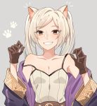  1girl animal_ears bare_shoulders breasts brown_eyes brown_gloves camisole cat_ears cleavage female_my_unit_(fire_emblem:_kakusei) fire_emblem fire_emblem:_kakusei gloves grey_background grin highres long_sleeves looking_at_viewer my_unit_(fire_emblem:_kakusei) nintendo pikapika_hoppe simple_background small_breasts smile solo twintails upper_body white_hair 