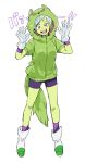  1girl :d bah_(dragon_ball) bah_(dragon_ball)_(cosplay) bare_legs bidarian boots cheelai cosplay dragon_ball dragon_ball_super_broly full_body gloves green_jacket highres hood hood_up hooded_jacket jacket looking_at_viewer open_mouth purple_shorts short_hair shorts simple_background smile solo spread_legs standing tail teeth translation_request violet_eyes white_background white_gloves white_hair 
