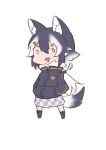  1girl absurdres alternate_costume alternate_hairstyle animal_ears black_footwear black_hair black_jacket chibi commentary extra_ears eyebrows_visible_through_hair full_body fur_collar grey_skirt grey_wolf_(kemono_friends) hair_between_eyes hair_ornament hairclip highres jacket kemono_friends long_hair long_sleeves multicolored_hair o_o open_mouth plaid plaid_skirt ponytail shoes sidelocks simple_background skirt smile solo st.takuma standing tail triangle_mouth two-tone_hair white_background white_hair wolf_ears wolf_tail 