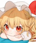  1girl bangs blonde_hair blush bow commentary_request crossed_arms eyebrows_visible_through_hair flandre_scarlet gotoh510 hair_between_eyes hat hat_bow long_hair looking_at_viewer lying mob_cap on_stomach one_side_up puffy_short_sleeves puffy_sleeves red_bow red_eyes shirt short_sleeves simple_background smile solo touhou white_background white_hat white_shirt 