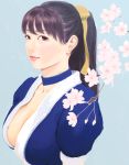  1girl annindouf bangs blue_background blue_dress breasts brown_eyes brown_hair cherry_blossoms choker cleavage commentary_request dead_or_alive dress highres kasumi_(doa) large_breasts looking_at_viewer pink_lips ponytail ribbon yellow_ribbon 