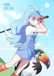  1girl blue_eyes blue_hair creatures_(company) game_freak gen_7_pokemon highres kahili_(pokemon) mei_(maysroom) nintendo orange_legwear pokemon pokemon_(anime) pokemon_(creature) pokemon_sm_(anime) toucannon visor 