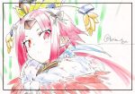  1girl bamboo bangs benienma_(fate/grand_order) bow commentary_request fate/grand_order fate_(series) feather_trim hair_bow hair_ornament hat looking_at_viewer low_ponytail parted_bangs pink_hair red_eyes sidelocks sketch solo torichamaru twitter_username upper_body 