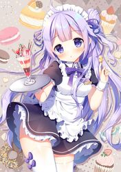  1girl :o ahoge alternate_costume apron azur_lane bangs black_dress blush bow breasts center_frills collared_dress commentary_request doughnut dress enmaided eyebrows_visible_through_hair food frills hair_bun hair_ribbon head_tilt holding holding_spoon holding_tray ice_cream long_hair macaron maid maid_apron maid_headdress mauve one_side_up parfait parted_lips puffy_short_sleeves puffy_sleeves purple_bow purple_hair purple_ribbon ribbon short_sleeves side_bun small_breasts solo spoon thigh-highs tray unicorn_(azur_lane) very_long_hair violet_eyes white_apron white_legwear wrist_cuffs 