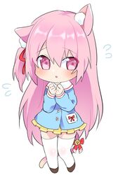  1girl animal_ears azur_lane bell blue_shirt cat_ears cat_tail chibi clenched_hands commentary flying_sweatdrops full_body hands_on_own_chest jingle_bell kisaragi_(azur_lane) long_hair pink_eyes pink_hair pone ribbon shirt shoes side_ponytail simple_background skirt solo tail tail_ornament tail_ribbon thigh-highs white_background white_legwear yellow_skirt 