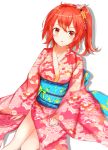  1girl :o ahoge alternate_costume blush commentary_request eyebrows_visible_through_hair fate/grand_order fate_(series) flower fujimaru_ritsuka_(female) fyy_(fyy8494) hair_between_eyes hair_flower hair_ornament highres japanese_clothes kimono long_sleeves looking_at_viewer no_nose one_side_up orange_eyes orange_hair pink_kimono short_hair side_ponytail solo wide_sleeves 