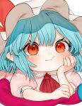  1girl :t ascot bangs blue_hair blush bow chin_rest commentary_request dress eyebrows_visible_through_hair gotoh510 hair_between_eyes hand_on_own_cheek hand_up hat hat_bow looking_at_viewer lying mob_cap on_stomach pink_dress pointy_ears puffy_short_sleeves puffy_sleeves red_bow red_eyes red_neckwear remilia_scarlet short_sleeves simple_background solo touhou white_background white_hat 