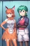 2girls bare_shoulders belt black_hair blue_eyes blush bow bowtie caracal_(kemono_friends) caracal_ears caracal_tail center_frills commentary_request cowboy_shot cross-laced_clothes crossed_arms elbow_gloves eyebrows_visible_through_hair gloves green_hair hair_tie highres jacket kaban_(kemono_friends) kemono_friends legwear_under_shorts light_brown_hair long_hair multicolored_hair multiple_girls no_hat no_headwear pantyhose ponytail short_sleeves shorts sleeveless tadano_magu tail thigh-highs zettai_ryouiki