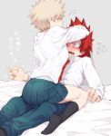  1boy 1girl ass bakugou_katsuki blonde_hair blush boku_no_hero_academia breast_smother breasts collared_shirt couple dress_shirt flying_sweatdrops genderswap genderswap_(mtf) green_pants green_skirt kirishima_eijirou kneehighs maneki-neko_(fujifuji) medium_breasts miniskirt necktie nose_blush pants pleated_skirt red_eyes red_neckwear redhead shirt short_hair sitting sitting_on_lap sitting_on_person skirt spiky_hair straddling 