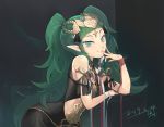  1girl 2019 :3 braid dated dress finger_to_mouth fire_emblem fire_emblem:_three_houses green_eyes green_hair hair_ornament hair_ribbon head_tilt jewelry leaning_on_object long_hair messy_hair nintendo pointy_ears ribbon shiroh46 smile solo sothis twin_braids twintails very_long_hair 