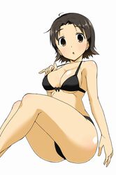  1girl :o adjusting_clothes adjusting_swimsuit bangs bikini black_bikini blush bow_bikini breasts brown_eyes brown_hair commentary_request eyebrows_visible_through_hair girls_und_panzer highres legs looking_at_viewer medium_breasts nana_(manaita_koumuten) parted_bangs sawa_azusa short_hair simple_background sitting solo swimsuit white_background 