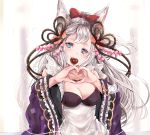  1girl animal_ears blue_eyes blush breasts chocolate chocolate_heart commentary_request erune fox_ears granblue_fantasy hair_ornament heart highres hinahino large_breasts long_hair looking_at_viewer mouth_hold silver_hair smile socie_(granblue_fantasy) solo valentine very_long_hair 
