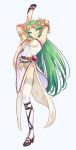  1girl anklet armlet armpits arms_up asymmetrical_legwear bangle bangs belt bracelet breasts brown_footwear dress forehead_jewel full_body green_eyes green_hair headgear headpiece high_heels highres jewelry jii_(user_ihp6405) kid_icarus kid_icarus_uprising large_breasts leg_up long_hair looking_at_viewer looking_down nintendo open_mouth palutena parted_bangs pendant simple_background single_thighhigh smile solo split standing standing_on_one_leg standing_split strapless strapless_dress thigh-highs vambraces very_long_hair white_dress white_legwear 