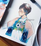  1boy artist_name cropped_torso flower glasses highres katsuki_yuuri male_focus meyoco photo pink_flower plant print_shirt profile shirt solo traditional_media upper_body white_flower white_shirt yuri!!!_on_ice 