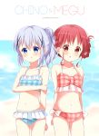  2girls arm_grab bangs beach bikini blue_bikini blue_eyes blue_hair blue_sky blurry blurry_background blush bow bow_bikini braid brown_bikini brown_eyes character_name chestnut_mouth clouds commentary day depth_of_field deyui eyebrows_visible_through_hair frilled_bikini frills gochuumon_wa_usagi_desu_ka? hair_between_eyes hair_bun hair_ornament hair_rings highres kafuu_chino multiple_girls natsu_megumi navel parted_lips plaid plaid_bow redhead sand side_bun sidelocks sky standing swimsuit twintails water x_hair_ornament 