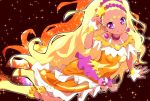  1girl amamiya_erena bare_shoulders blonde_hair commentary_request cure_soleil dark_skin earrings hair_ornament highres jewelry long_hair looking_at_viewer magical_girl precure ryuuta_(cure_ryuuta) smile solo star star_twinkle_precure 