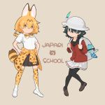  2girls :3 adapted_costume animal_ears backpack bag black_hair blonde_hair blue_eyes blush bow bowtie clothes_around_waist collared_shirt commentary_request eyebrows_visible_through_hair hands_on_hips highres holding_strap kaban_(kemono_friends) kemono_friends loafers long_sleeves lucky_beast_(kemono_friends) multicolored_hair multiple_girls pantyhose pleated_skirt print_legwear print_neckwear sailor_collar school_uniform serval_(kemono_friends) serval_ears serval_print serval_tail shirt shoes short_hair short_sleeves skirt sweater sweater_around_waist tail thigh-highs tuttucom yellow_eyes zettai_ryouiki 