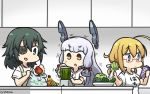  3girls alternate_costume apple apron bag banana bell_pepper blender blonde_hair blue_eyes book brown_eyes carrot celery commentary_request counter cucumber dated eyepatch food fruit glasses green_eyes green_hair hair_ribbon hamu_koutarou headgear highres i-8_(kantai_collection) kantai_collection kiso_(kantai_collection) long_hair low_twintails medium_hair multiple_girls murakumo_(kantai_collection) pepper plastic_bag reading red-framed_eyewear ribbon shirt sidelocks silver_hair t-shirt tress_ribbon twintails vegetable white_hair white_shirt 