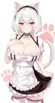  1girl absurdres anchor_choker animal_ears apron azur_lane blush breasts cat_ears cat_tail cleavage closed_mouth collarbone dress dress_lift eyebrows_visible_through_hair fang_out hair_between_eyes highres lace-trimmed_hairband large_breasts lifted_by_self looking_at_viewer maid maid_apron monyu_(monyupop) paw_print puffy_sleeves red_eyes short_hair short_sleeves sidelocks simple_background sirius_(azur_lane) solo standing tail thigh-highs waist_apron white_apron white_background white_hair white_legwear 