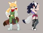  2girls animal_ears arm_under_breasts armored_boots bare_arms bare_shoulders belt black_hair blonde_hair boots bra breasts closed_mouth collared_jacket cosplay eyebrows eyebrows_visible_through_hair ezo_red_fox_(kemono_friends) fang fingernails fox_ears fox_mccloud fox_mccloud_(cosplay) fox_tail full_body fur_collar garter_belt garter_straps gloves graphite_(medium) green_eyes grey_background grey_hair grey_wolf_(kemono_friends) grin gun hair_between_eyes hand_on_hip hand_up handgun headset high_collar high_heels highres holding holding_gun holding_weapon jacket jumpsuit kemono_friends knee_pads long_hair long_sleeves looking_at_viewer multicolored_hair multiple_girls nail_polish nat_(gsx-r1300) nintendo open_clothes open_vest red_eyes scarf sharp_fingernails shoes short_shorts shorts simple_background smile standing star_fox tail thigh-highs traditional_media tsurime two-tone_hair underwear vest weapon white_hair wolf_ears wolf_o&#039;donnell wolf_o&#039;donnell_(cosplay) wolf_tail zipper_pull_tab 