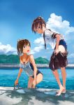  2girls absurdres barefoot blue_sky brown_eyes brown_hair clouds commentary_request highres i-401_(kantai_collection) kantai_collection kusakabe_(kusakabeworks) multiple_girls one-piece_swimsuit ponytail sailor_collar school_uniform serafuku shikinami_(kantai_collection) short_hair short_ponytail skirt skirt_removed sky swimsuit swimsuit_under_clothes wet 