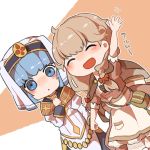  2girls arm_up blue_eyes blue_hair bow braid brown_hair cape closed_eyes dress effie_(fire_emblem) fire_emblem fire_emblem_echoes:_mou_hitori_no_eiyuuou hair_bow hand_holding long_hair long_sleeves multiple_girls nintendo open_mouth red_bow short_hair short_sleeves shunrai silk_(fire_emblem) twin_braids veil 