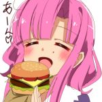  1girl blush cheese closed_eyes eating food gakkou_gurashi! hamburger highres holding holding_food lettuce long_hair long_sleeves open_mouth pink_hair sakura_megumi sinakyo tomato 