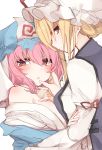  2girls bangs bare_shoulders blonde_hair blue_hat blue_kimono blush breasts commentary_request dress eyebrows_visible_through_hair from_side hand_on_another&#039;s_cheek hand_on_another&#039;s_face hat hat_ribbon highres japanese_clothes juliet_sleeves karasusou_nano kimono long_sleeves looking_at_viewer medium_breasts mob_cap multiple_girls off_shoulder parted_lips pink_hair profile puffy_sleeves red_eyes red_ribbon ribbon saigyouji_yuyuko short_hair simple_background tabard tied_hair touhou triangular_headpiece upper_body veil white_background white_dress white_hat white_kimono yakumo_yukari yuri 