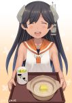  1girl black_hair butter closed_eyes commentary_request cup food headgear i-400_(kantai_collection) kantai_collection long_hair misumi_(niku-kyu) open_mouth porridge sailor_collar smile solo swimsuit tray twitter_username upper_body 