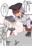  2girls black_gloves brown_eyes flat_cap food food_on_face gangut_(kantai_collection) gloves grey_hair hands_on_own_face hat hibiki_(kantai_collection) kantai_collection military_hat misumi_(niku-kyu) multiple_girls open_mouth school_uniform serafuku translation_request twitter_username white_hair wrapper 