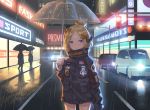  1girl abigail_williams_(fate/grand_order) bangs black_bow black_jacket blonde_hair bow car closed_mouth commentary crossed_bandaids english_commentary fate/grand_order fate_(series) ground_vehicle hair_bow hair_bun heroic_spirit_traveling_outfit holding holding_umbrella jacket long_hair long_sleeves looking_at_viewer motor_vehicle neon_lights night orange_bow outdoors parted_bangs polka_dot polka_dot_bow rain road sleeves_past_fingers sleeves_past_wrists solo_focus standing star street transparent transparent_umbrella umbrella violet_eyes yaxiya 