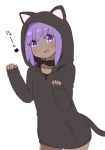  1girl :d alternate_costume animal_ears animal_hood bangs black_hoodie blush cat_ears cat_girl cat_hood cat_tail collarbone cowboy_shot eyebrows_visible_through_hair fate/prototype fate/prototype:_fragments_of_blue_and_silver fate_(series) hair_between_eyes hands_up hassan_of_serenity_(fate) head_tilt hood hood_up hoodie i.u.y long_sleeves open_mouth pinching_sleeves purple_hair sidelocks simple_background sleeves_past_wrists smile solo tail translated violet_eyes white_background 