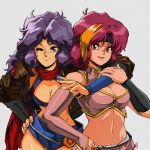  2girls 80s ;) arina_(game_grumps) arm_around_shoulder breasts bridal_gauntlets brown_eyes cleavage commentary crop_top danielle_(game_grumps) david_liu earrings english_commentary game_grumps headband highres jewelry leather long_hair looking_at_viewer medium_breasts medium_hair midriff mismatched_sleeves multicolored_hair multiple_girls navel oldschool one_eye_closed orange_hair pink_hair purple_hair red_scarf scarf short_shorts shorts smile streaked_hair v white_background 