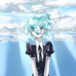  1other androgynous aqua_eyes aqua_hair blue_eyes blue_hair blue_sky clouds crystal_hair eyebrows_visible_through_hair eyes_visible_through_hair gem_uniform_(houseki_no_kuni) hair_over_one_eye happy highres houseki_no_kuni looking_at_viewer necktie open_mouth phosphophyllite short_hair sky smile solo upper_body white_skin 