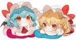  2girls :t ascot bangs bat_wings blonde_hair blue_hair blush bow chin_rest commentary_request crossed_arms crystal dress eyebrows_visible_through_hair flandre_scarlet gotoh510 hair_between_eyes hand_on_own_cheek hand_up hat hat_bow long_hair looking_at_viewer lying mob_cap multiple_girls on_stomach one_side_up pink_dress pointy_ears puffy_short_sleeves puffy_sleeves red_bow red_eyes red_neckwear red_vest remilia_scarlet shirt short_sleeves siblings simple_background sisters smile touhou vest white_background white_hat white_shirt wings 