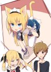  2girls :d absurdres all_fours amaryllis_class animal_ears bangs black_jacket black_neckwear blonde_hair blue_eyes blue_skirt blush blush_stickers brown_eyes brown_hair camisole cat_ears cat_girl cat_tail character_request collarbone collared_shirt commentary_request eyebrows_visible_through_hair fake_animal_ears fang fingerless_gloves gloves grey_gloves grey_shirt hair_between_eyes hairband highres holding jacket kotohara_hinari long_hair multiple_girls necktie off_shoulder open_clothes open_jacket open_mouth paw_pose puffy_short_sleeves puffy_sleeves ribbed_gloves shirt short_sleeves skirt slit_pupils smile tail tama_(tama-s) thigh-highs twintails v-shaped_eyebrows virtual_youtuber white_camisole white_legwear yellow_hairband 