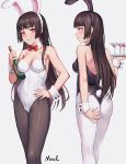  1girl animal_ears ass bare_shoulders black_hair black_legwear blush bottle breasts bunny_tail bunnysuit cleavage cocktail_glass cup detached_collar drinking_glass hand_on_hip highres looking_at_viewer mool_yueguang original pantyhose rabbit_ears simple_background tail violet_eyes white_background white_legwear wrist_cuffs 