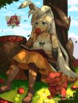  2girls :d animal animal_ears artist_name bare_shoulders black_sleeves blue_eyes blue_sky blush book boots bow_(weapon) breasts brown_footwear character_request clouds cloudy_sky collarbone commentary day detached_sleeves dragalia_lost dragon eating english_commentary fairy fairy_wings fingernails food grass hand_up hentaki highres holding holding_food knee_boots long_hair long_sleeves minigirl multiple_girls mushroom on_grass on_ground open_book open_mouth orange_skirt outdoors rabbit_ears reading redhead round_teeth sitting skirt sky small_breasts smile teeth tree_shade upper_teeth very_long_hair watermark weapon web_address white_hair wings 