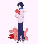  1boy animal artist_name black_hair black_pants blue_scarf brown_dog dog fluffy full_body glasses highres holding holding_animal holding_dog hood hood_down hooded_jacket jacket katsuki_yuuri male_focus meyoco mittens pants profile scarf short_hair smile solo sparkle sweater winter_clothes yuri!!!_on_ice 