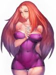  1girl bare_shoulders blue_eyes breasts commentary_request curvy dress earrings erect_nipples fumio_(rsqkr) highres jewelry large_breasts light_smile lips long_hair looking_at_viewer necklace purple_dress redhead solo very_long_hair 